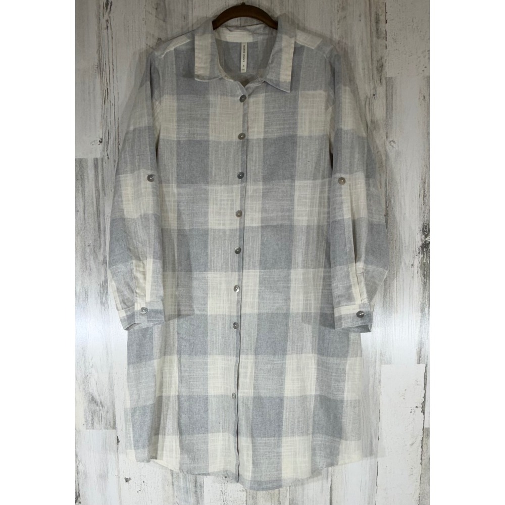Match Point Shirt Dress Small Gray Cream Plaid Linen Blend‎ Pockets Roll Tab